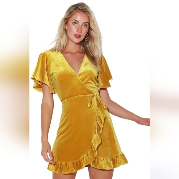 Bb Dakota West Village Golden Yellow Velvet Wrap Dress - Picture 1 of 4